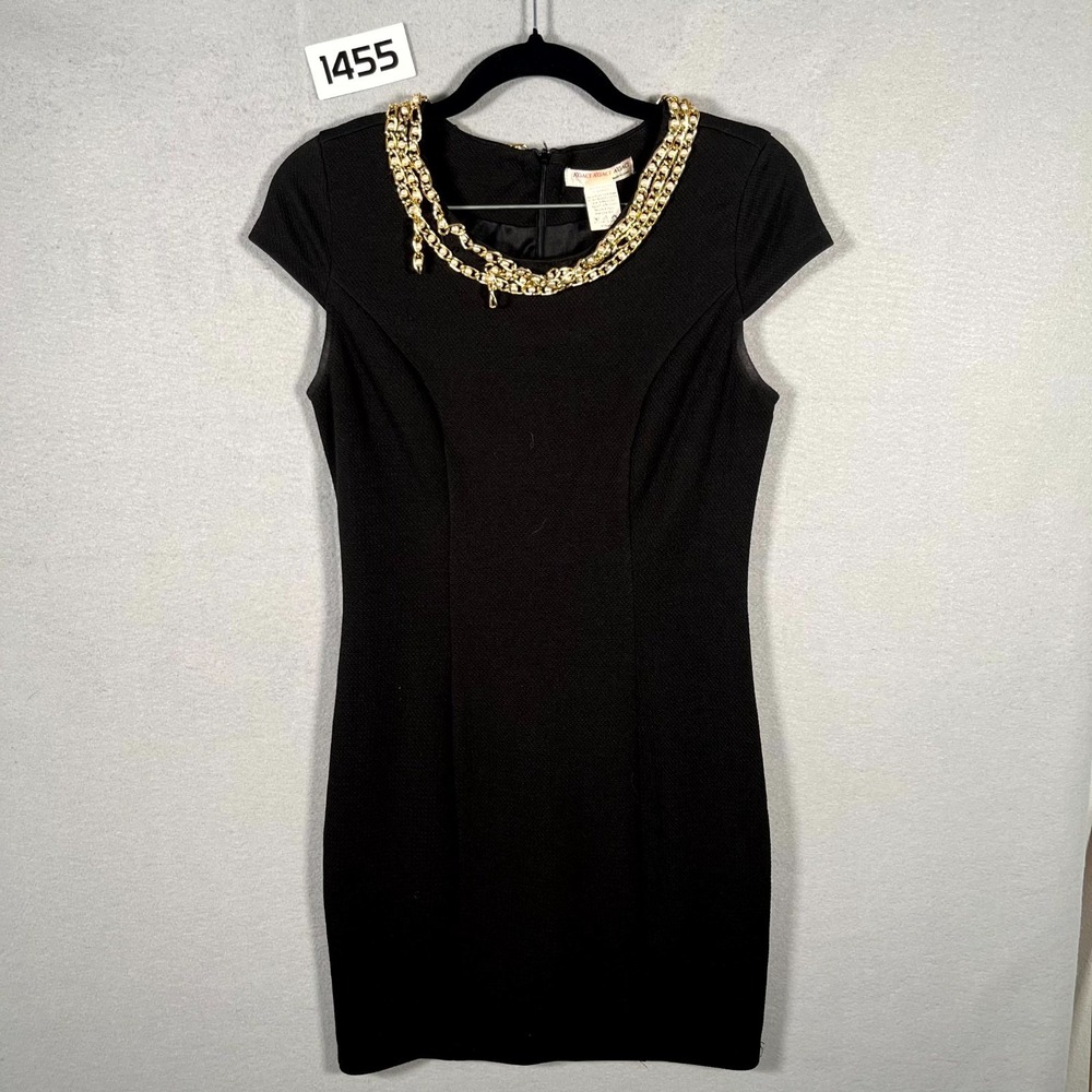 A'GACI Bodycon Sheath Dress Womens Medium Black Gold Pearl Chain Neck Cap Sleeve